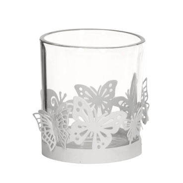 Teelichtglas mit Metall Schmetterlingen in Weiß, 78 mm