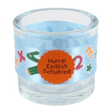 Kerzenglas Einschulung mit Band, Button in Hellblau/Orange, 80 mm