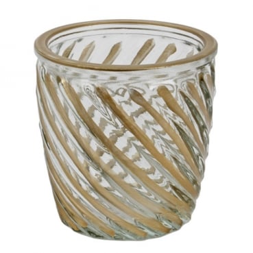 Teelichtglas, konisch, klar mit Streifen und Rand in Gold matt, 74 mm