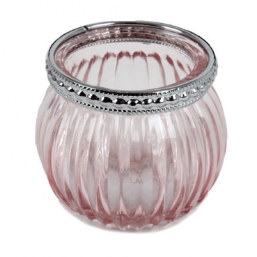 Teelichtglas, Windlicht Vintage, gestreift mit Metallrand in Rosa/Silber, 65 mm