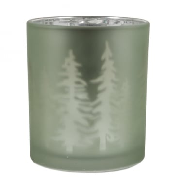 Teelichtglas Tannenwald verspiegelt in Lindgrün matt, 85 mm