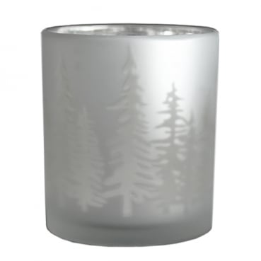 Teelichtglas Tannenwald verspiegelt in Weiß matt, 85 mm