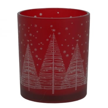 Teelichtglas Moderner Winterwald in Rot/Weiß matt, 80 mm