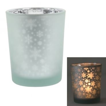 Teelichtglas Eiskristalle in Mintgrün/Silber verspiegelt, 65 mm, inkl. Teelicht