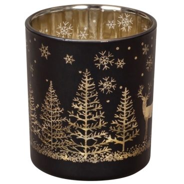 Teelichtglas Winterwald mit Hirsch in Schwarz/Gold verspiegelt, 78 mm
