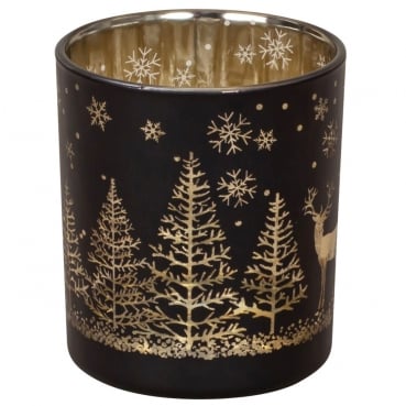 Teelichtglas Winterwald mit Hirsch in Schwarz/Gold verspiegelt, 78 mm