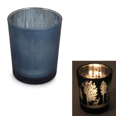 Teelichtglas Winterwald in Dunkelblau/Silber verspiegelt, 65 mm