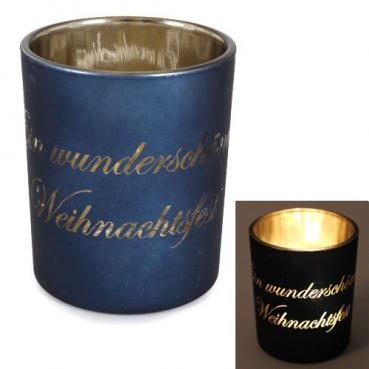 Teelichtglas -Ein wunderschönes Weihnachtsfest- in Blau/Gold verspiegelt, 75 mm