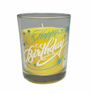 Teelichtglas -Happy Birthday- mit Kerze in Gelb, leuchtet im Dunkeln, 65 mm