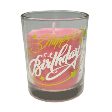 Teelichtglas -Happy Birthday- mit Kerze in Pink, leuchtet im Dunkeln, 65 mm
