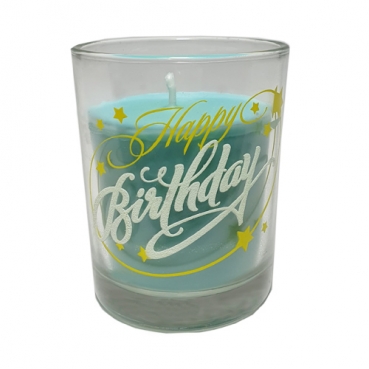 Teelichtglas -Happy Birthday- mit Kerze in Blau, leuchtet im Dunkeln, 65 mm