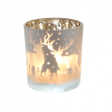 Großes Teelichtglas Hirsch in Winter Waldlandschaft, Weiß/Gold verspiegelt, 10 cm