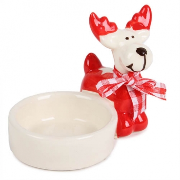 Keramik Teelichthalter Rentier kniend mit Karoschal in Rot/Creme, 80 mm