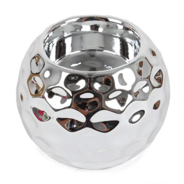 Keramik Teelichthalter Kugel mit Wabenmuster in Silber, 80 mm