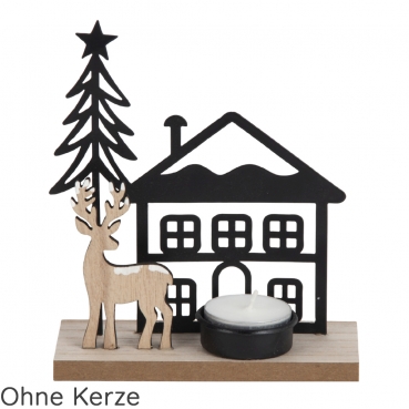 Teelichthalter Winterhaus mit Hirsch in Schwarz/Hellbraun, 15 cm