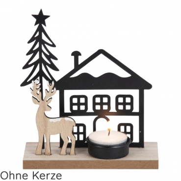 Teelichthalter Winterhaus mit Hirsch in Schwarz/Hellbraun, 15 cm.