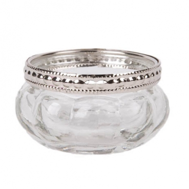 Teelichtglas Vintage klar mit Metallrand in Silber glänzend, 60 mm