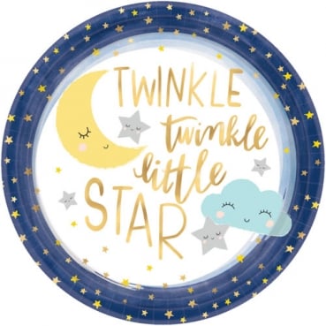 8 Teller Babyparty, Kindergeburtstag, -Twinkle, twinkle little Star- Blau/Gold metallic, 26,7 cm