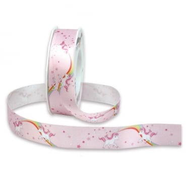 Satin Tischband Fantasy, Einhorn, Regenbogen in Rosa, 25 mm