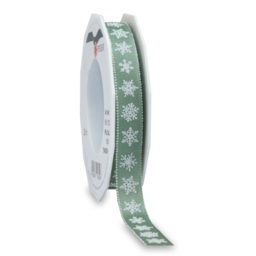 20 Meter Tischband, Geschenkband Eiskristalle, Schneeflocken in Pistache/Weiß beflockt, 15 mm