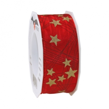 20 Meter Tischband, Geschenkband, Schleifenband Sterne in Rot/Gold, 40 mm