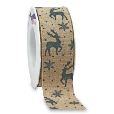 15 Meter Leinen Tischband Weihnachten, Hirsche in Hellbraun/Grau, 40 mm