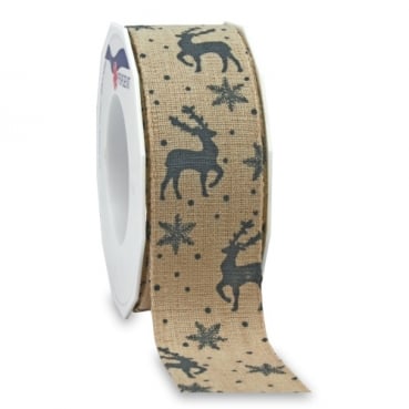15 Meter Leinen Tischband Weihnachten, Hirsche in Hellbraun/Grau, 40 mm