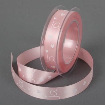 20 Meter Tischband, Hochzeit, -Ja- in Rosa/Weiß, 25 mm