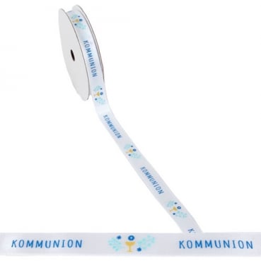 20 Meter Tischband, Schleifenband -Kommunion- in Weiß/Blau, 15 mm