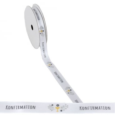 20 Meter Tischband, Schleifenband -Konfirmation- in Weiß/Grau, 15 mm