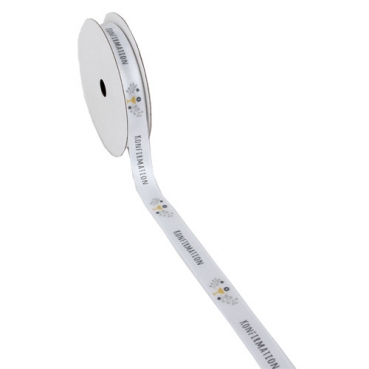 20 Meter Tischband, Schleifenband -Konfirmation- in Weiß/Grau, 15 mm 20 Meter Tischband, Schleifenband -Kommunion- in Weiß/Grau, 15 mm