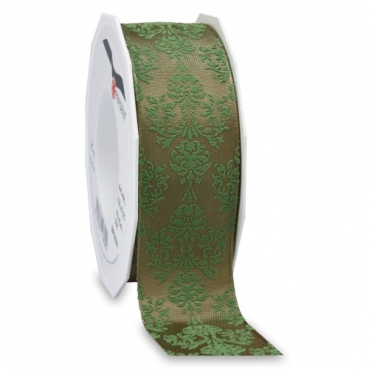 20 Meter Tischband, Brixen, Ornamente in Taupe/Pistache, beflockt, 40 mm