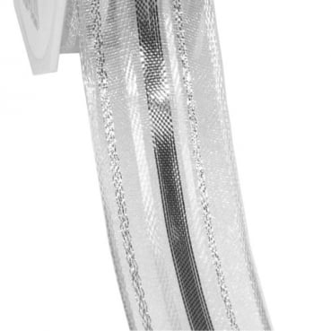 20 Meter Tischband, Schleifenband, Madagaskar in Silber/Weiß, 25 mm