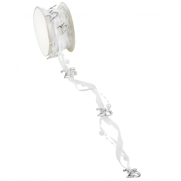 5 Meter Trendy Tischband mit Perlen und Zahl 25 in Weiß/Silber