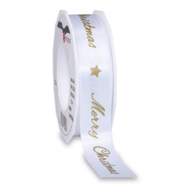 20 Meter Tischband, Geschenkband Merry Christmas in Weiß/Gold, 25 mm