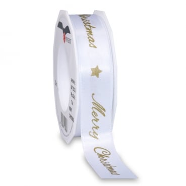 20 Meter Tischband, Geschenkband Merry Christmas in Weiß/Gold, 25 mm