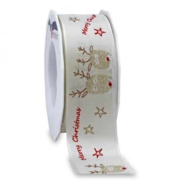 20 Meter Tischband Weihnachten, Rentiere -Merry Christmas- in Creme, 40 mm