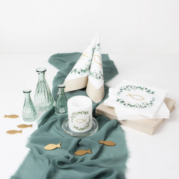 66-teiliges Tischdeko Paket "Eukalyptus" Konfirmation, Kommunion, Taufe