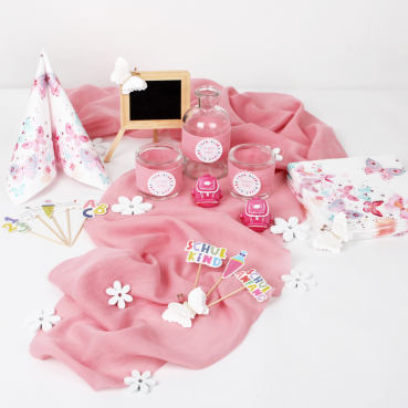 47-teiliges Tischdeko Paket Einschulung, Schulanfang, Schuleinführung "Schulkind in Rosa"