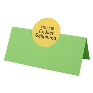 Tischkarte zur Einschulung -Hurra! Endlicht Schulkind- in Gelb/Grün