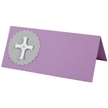 Tischkarte Kommunion, Konfirmation, Kreuz in Flieder/Grau