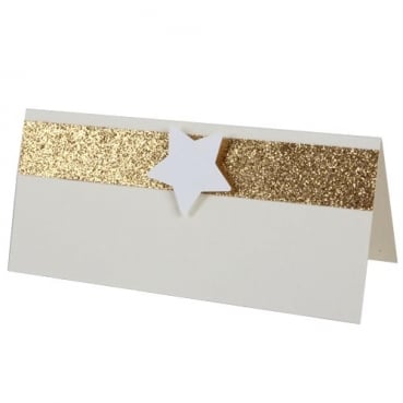 Tischkarte Weihnachten, Stern in Elfenbein/Gold glitzernd