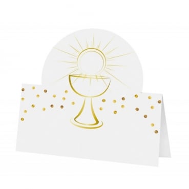 6 Tischkarten Kommunion, Konfirmation, Taufe - Kelch und Sonne in Wollweiß/Gold