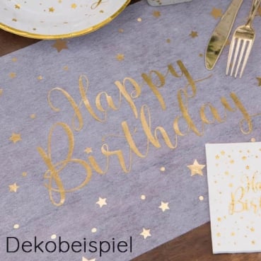 5 Meter Vlies Tischläufer Geburtstag -Happy Birthday- in Weiß/Gold, 30 cm