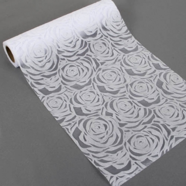 5 Meter Tischläufer Hochzeit, Rosen in Weiß, beflockt, 30 cm