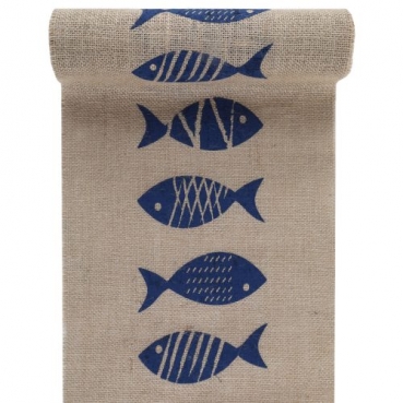 3 Meter Jute Tischläufer Fische, Maritim in Braun/Dunkelblau, 30 cm