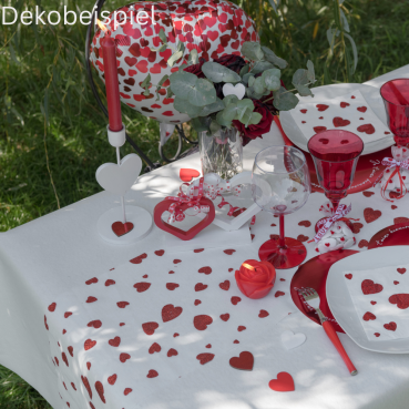 Dekobeispiel mit dem Gaze Tischläufer Valentinstag, Herzen in Rot glitzernd, 28 cm.