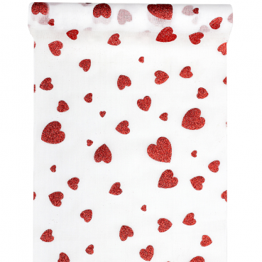 3 Meter Gaze Tischläufer Valentinstag, Herzen in Rot glitzernd, 28 cm