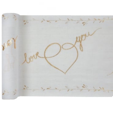 3 Meter Baumwoll Tischläufer Hochzeit, -Love You- in Creme/Gold, 30 cm