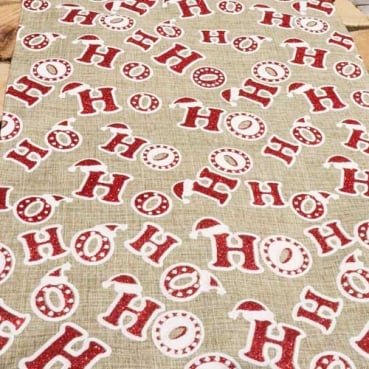 3 Meter Leinen-Optik Tischläufer Weihnachten -HoHoHo- in Hellbraun/Rot glitzernd, 28 cm